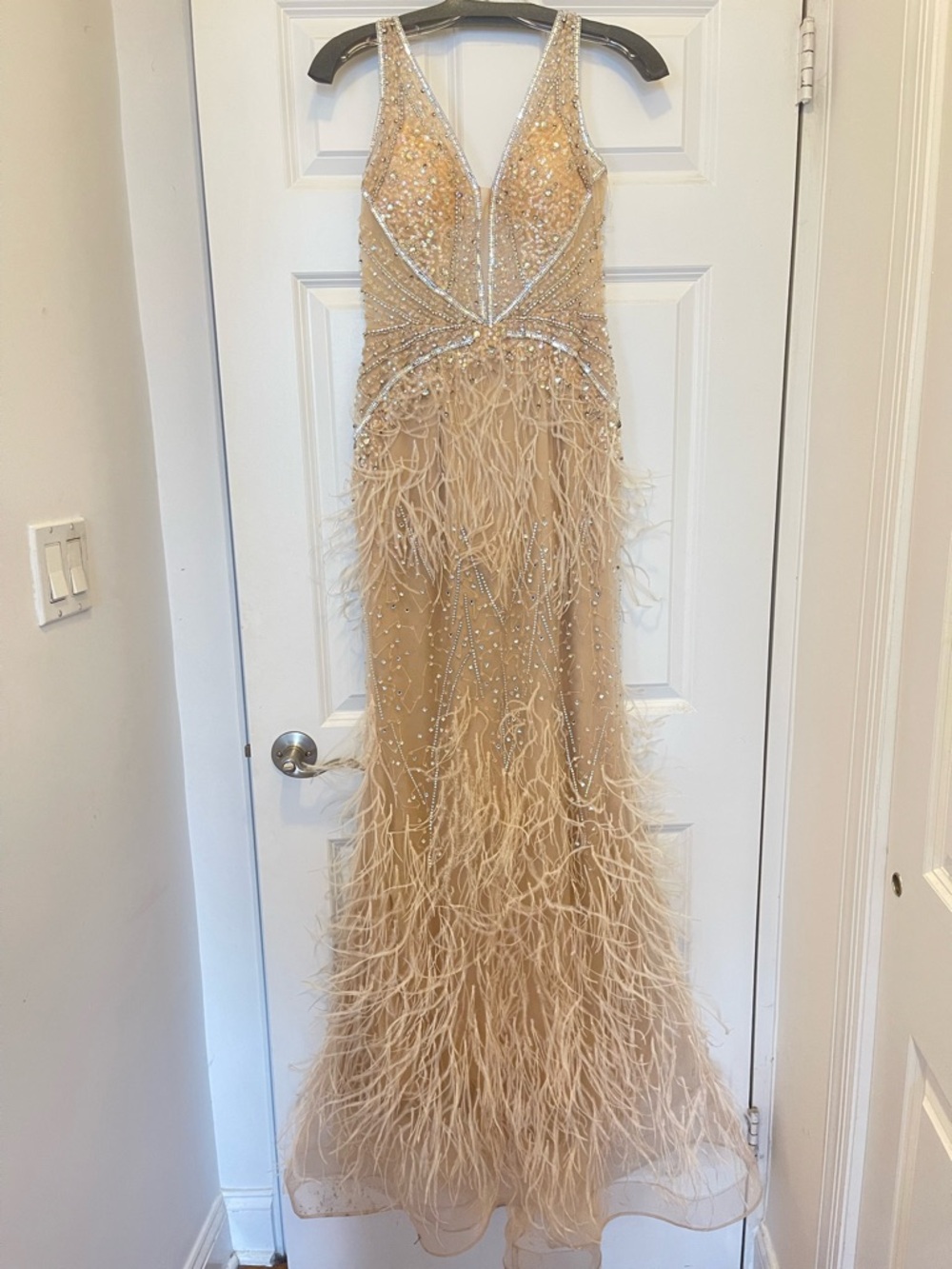 Jovani - Beaded Adorned Feather Fitted Gown